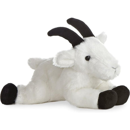 Angled front view of the 8-inch Aurora Mini Flopsie Rocky Mountain Goat stuffed animal lying down with white fur and black horns.