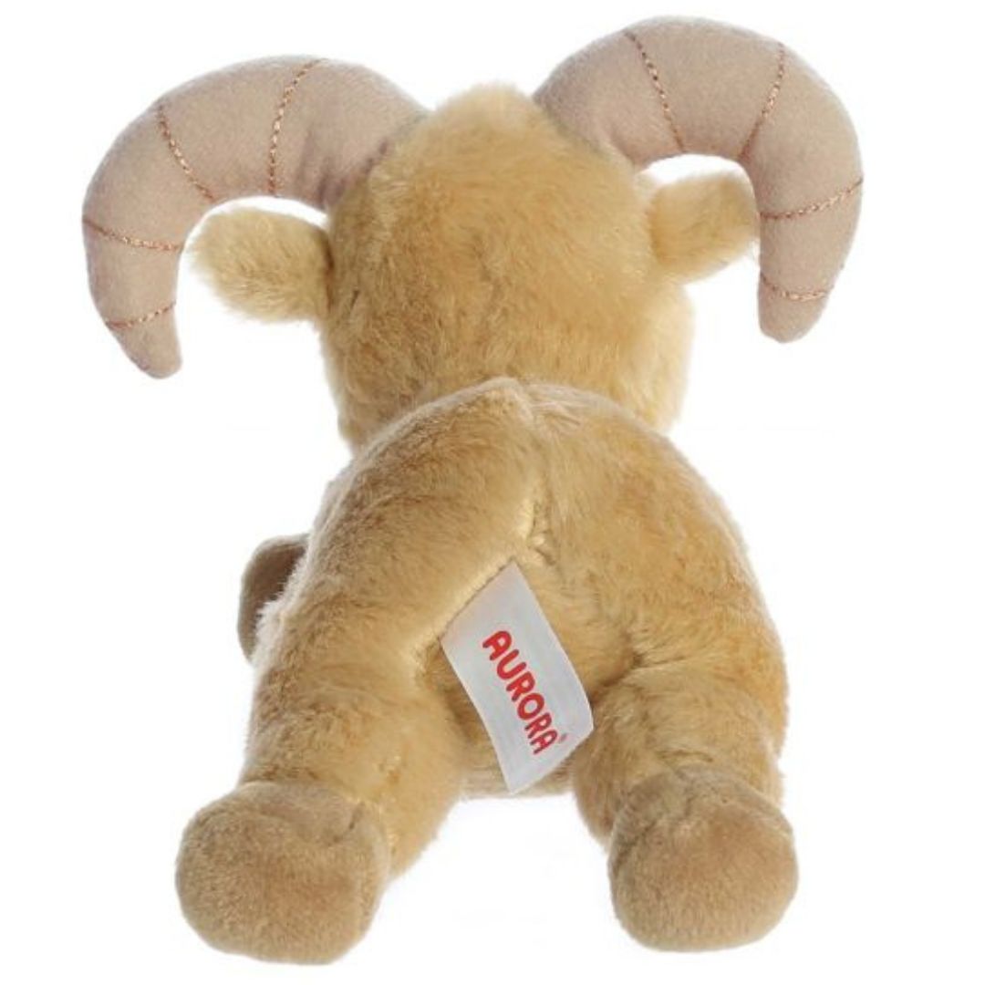 Rear view of the Bighorn Sheep plush showing its soft tan back, a small white rump patch, and rear brown hooves.