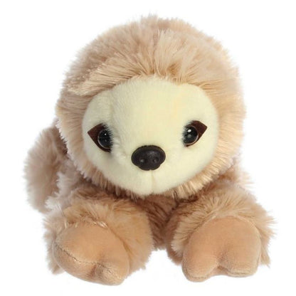 Straight-on front view of the tan sloth stuffed animal highlighting its dark eye patches, black nose, and extended front limbs.