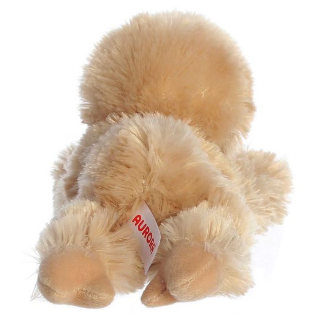Rear view of the Sloth plush showing its rounded fuzzy back, fabric tag, and soft tan hind paws.