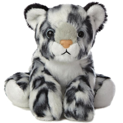 Straight-on front view of the snow leopard cub stuffed animal highlighting its grey muzzle, soft pink nose, and dark eyes.