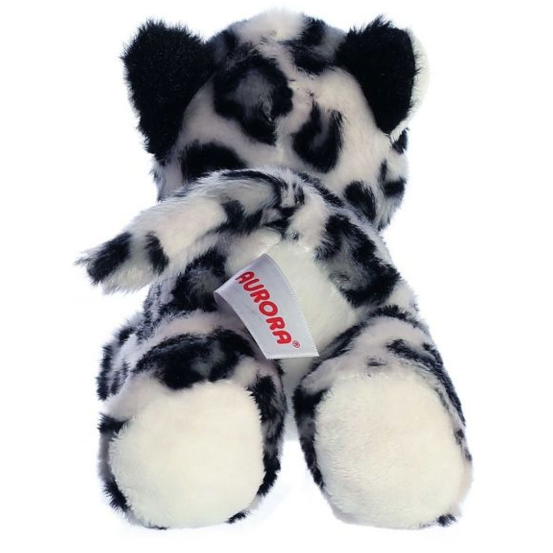 Rear view of the spotted big cat plush showing its patterned back, hind paws, and long outstretched tail.