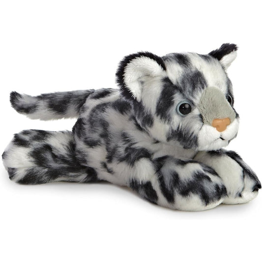 Angled side view of the Aurora Mini Flopsie Snow Leopard 8-inch plush resting on its belly, featuring grey and white fur with black spots.
