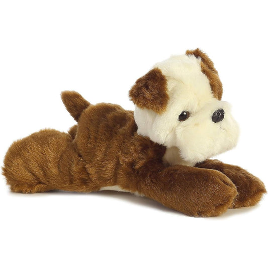 Angled side view of the Aurora Mini Flopsie Semper Fi English Bulldog 8-inch plush resting on its belly, featuring brown and cream fur.