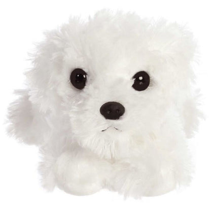 Straight-on front view of the white Bichon Frise puppy stuffed animal highlighting its dark eyes and black button nose.