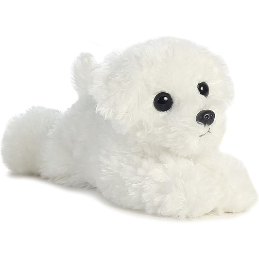 Angled side view of the Aurora Mini Flopsie Snowball Bichon Frise 8-inch plush resting on its belly, featuring fluffy snowy-white fur.