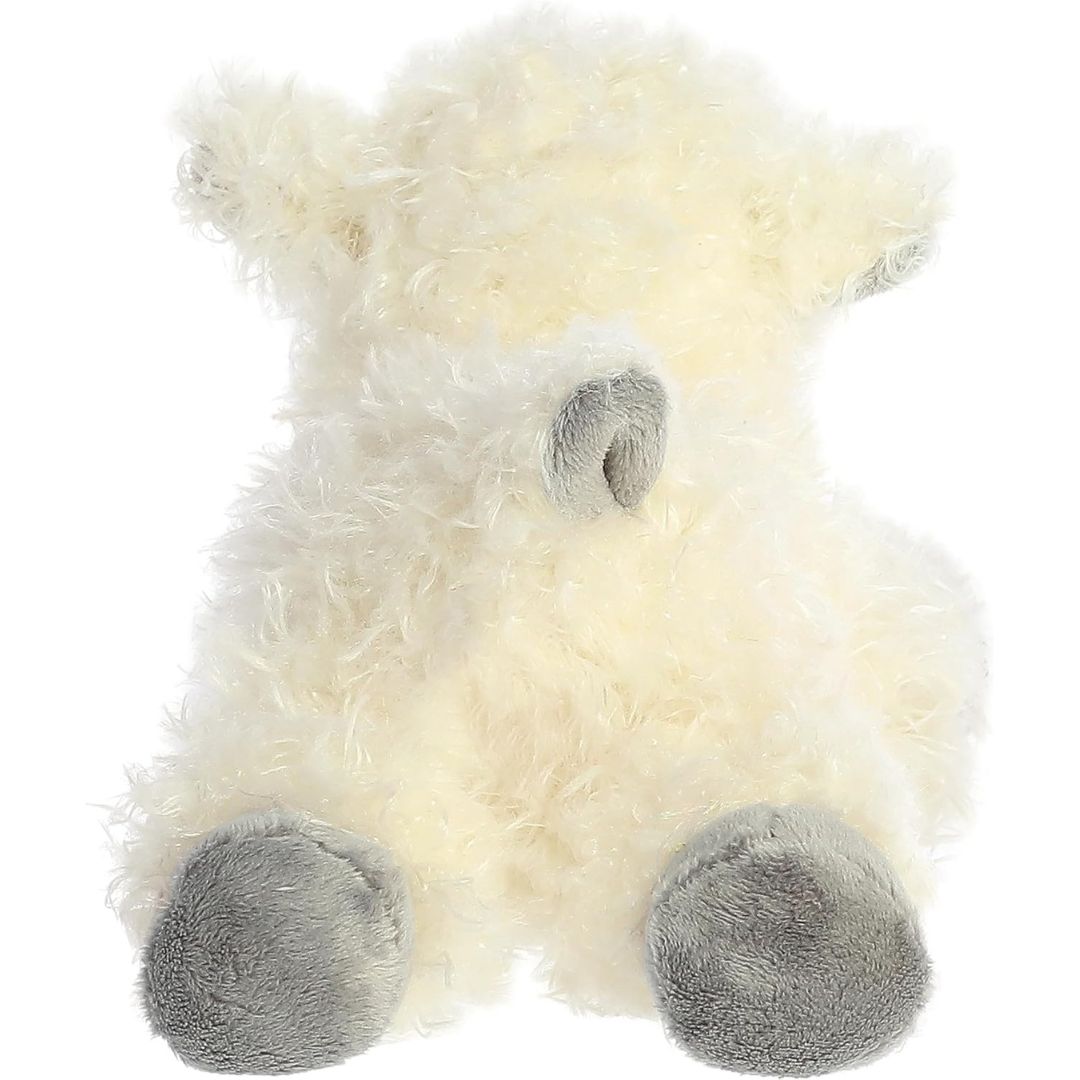 Back view of the cuddly Mini Flopsie sheep stuffed animal showing its fluffy textured wool and little tail.