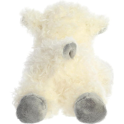 Back view of the cuddly Mini Flopsie sheep stuffed animal showing its fluffy textured wool and little tail.