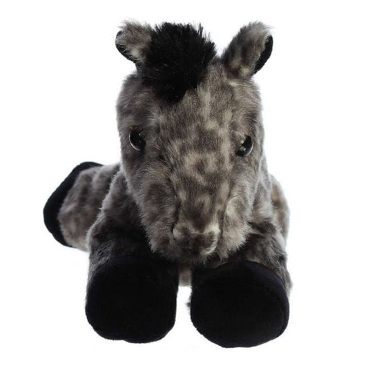 Front view of the adorable Aurora Storm the Horse stuffed animal resting on its belly, featuring a sweet face, dark eyes, and dark black hooves.