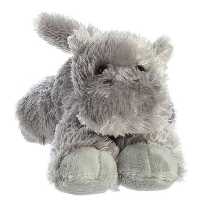 Straight-on front view of the soft hippo plush showing its wide muzzle, dark eyes, small ears, and light grey front footpads.