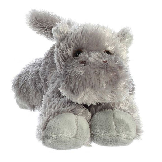 Straight-on front view of the soft hippo plush showing its wide muzzle, dark eyes, small ears, and light grey front footpads.