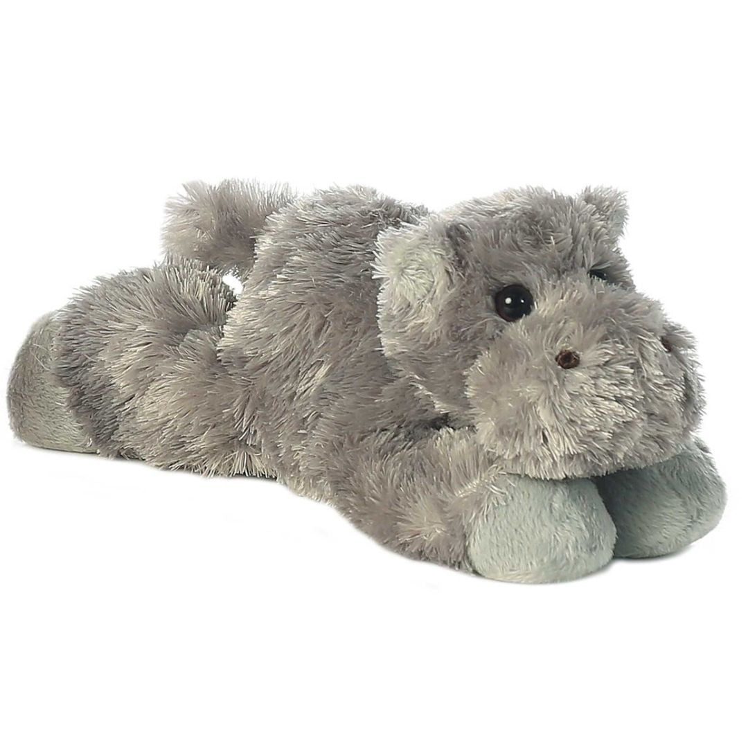 Angled front view of the 8-inch Aurora Mini Flopsie Howie the Hippo stuffed animal resting on its tummy, showing its textured grey plush coat.