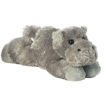 Angled front view of the 8-inch Aurora Mini Flopsie Howie the Hippo stuffed animal resting on its tummy, showing its textured grey plush coat.