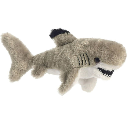 Angled side view of the 8-inch Aurora Mini Flopsie Black-Tipped Shark stuffed animal resting on its tummy, showing its grey body and black-tipped fin.
