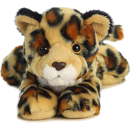 Straight-on front view of the soft jaguar plush showing its sweet face, brown eyes, and white muzzle.