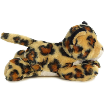 Side profile view of the cuddly Amazon Jaguar stuffed animal resting comfortably on its tummy.