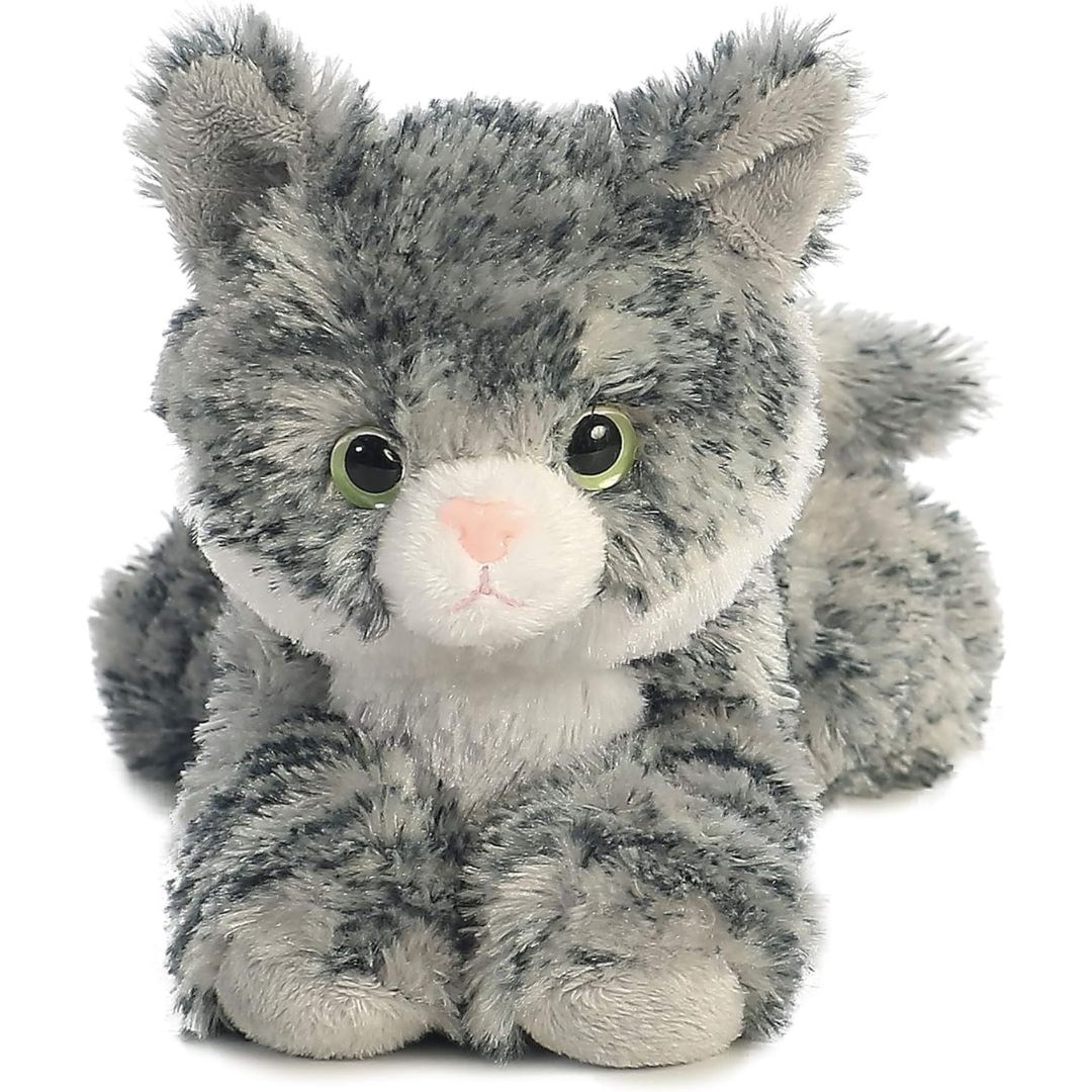 Straight-on front view of the grey tabby cat stuffed animal highlighting its sweet face, pink nose, and striking green eyes.
