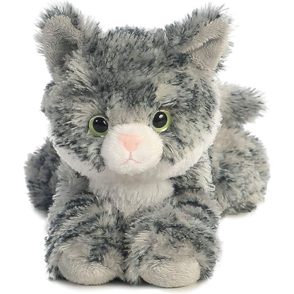 Straight-on front view of the grey tabby cat stuffed animal highlighting its sweet face, pink nose, and striking green eyes.