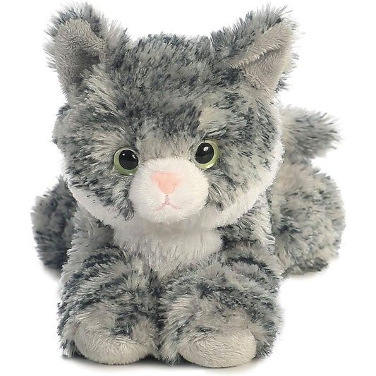 Straight-on front view of the grey tabby cat stuffed animal highlighting its sweet face, pink nose, and striking green eyes.