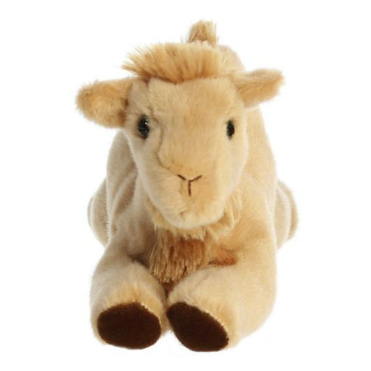 Straight-on front view of the camel stuffed animal highlighting its prominent snout, dark eyes, and small perky ears.