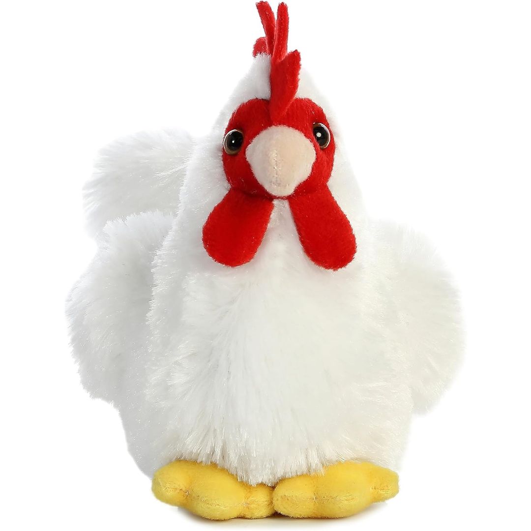 Straight-on front view of the soft white chicken plush showing its sweet face, red wattle, and yellow feet.