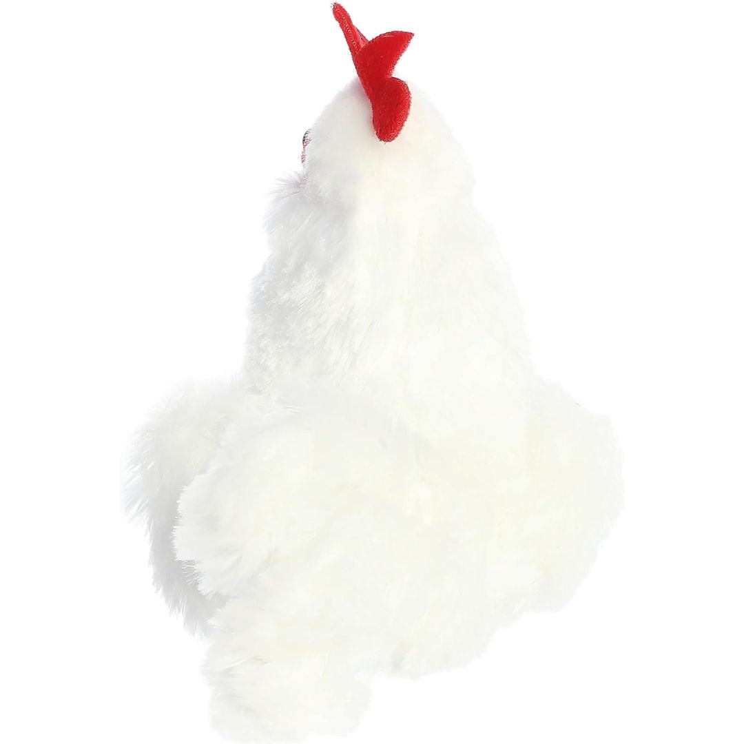 Direct back view of the cuddly chicken stuffed animal highlighting its fluffy white tail feathers.