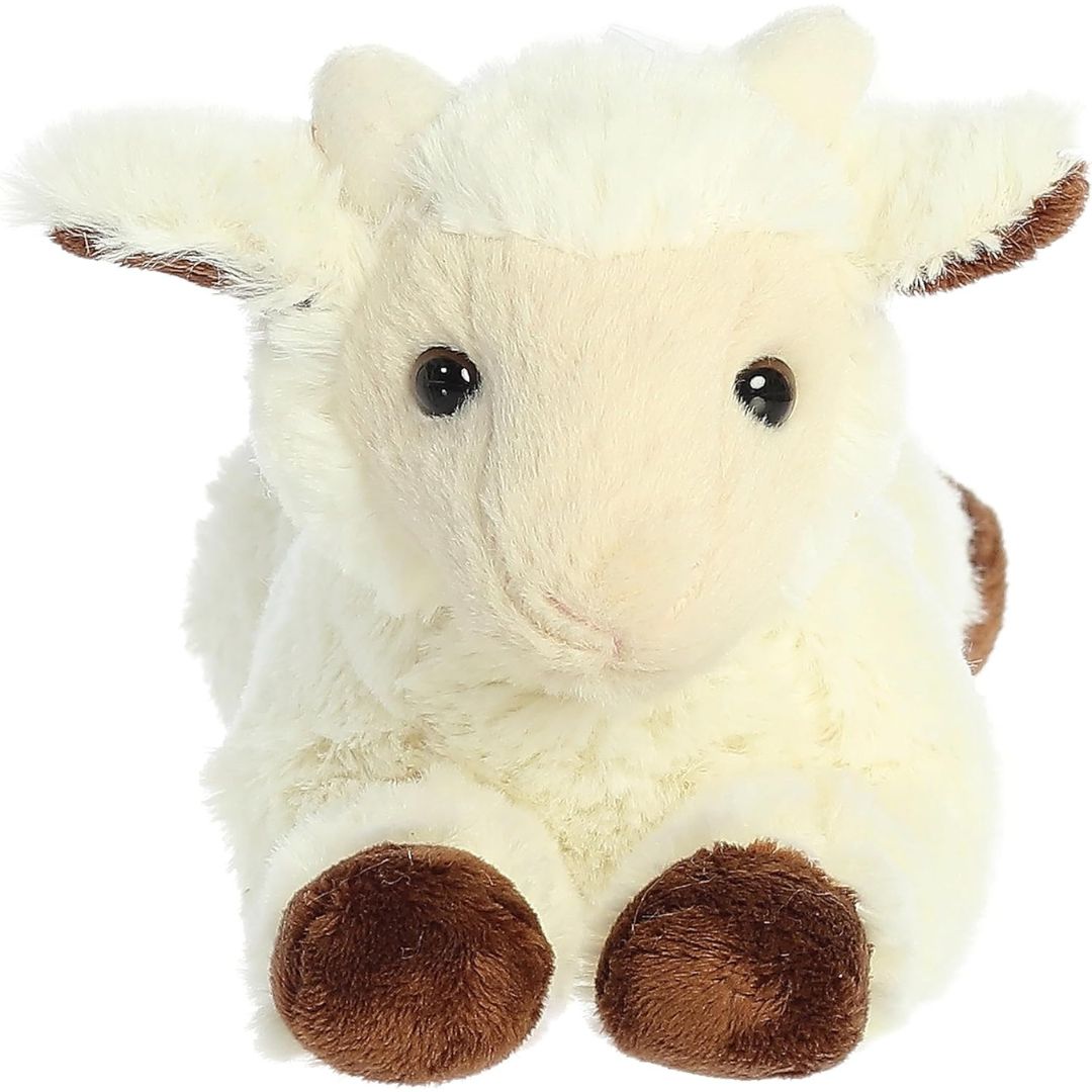 Straight-on front view of the goat stuffed animal highlighting its tan muzzle, dark eyes, floppy ears, and tiny horns.