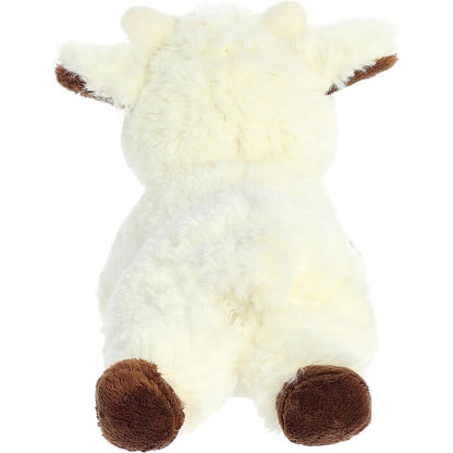 Rear view of the Goat Kid plush showing its soft white back, rear brown hooves, and a small upright stubby tail.