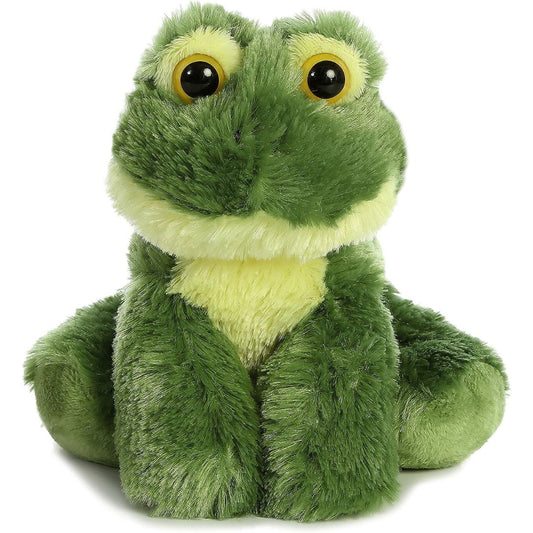 Straight-on front view of the soft frog plush showing its sweet face and large, bright golden eyes.