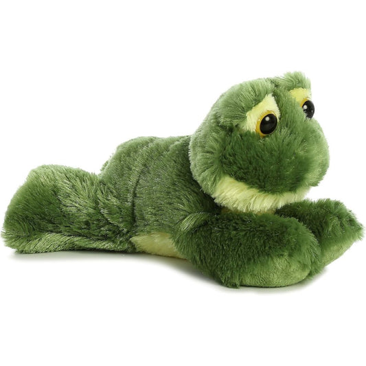 Angled front view of the 8-inch Aurora Mini Flopsie Frolick the Frog stuffed animal resting on its tummy, showing its dark green body and pale green throat.
