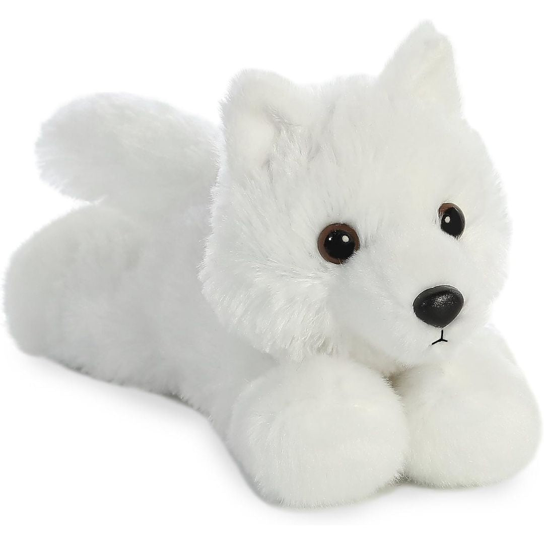 Front view of the adorable Aurora White Wolf stuffed animal resting flat, featuring a sweet face, dark eyes, pointed ears, and a black nose.