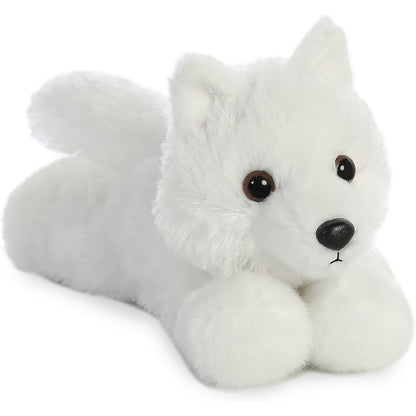 Front view of the adorable Aurora White Wolf stuffed animal resting flat, featuring a sweet face, dark eyes, pointed ears, and a black nose.