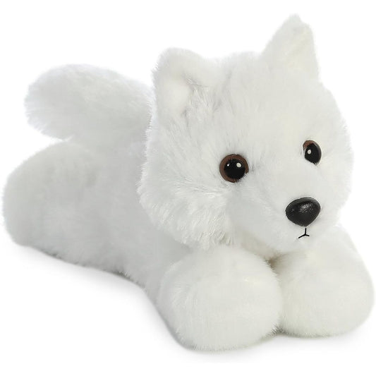 Front view of the adorable Aurora White Wolf stuffed animal resting flat, featuring a sweet face, dark eyes, pointed ears, and a black nose.