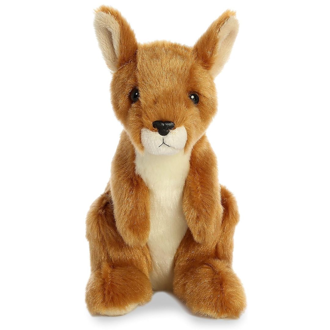 Straight-on front view of the kangaroo stuffed animal highlighting its sweet face, alert ears, and tucked-in front paws.