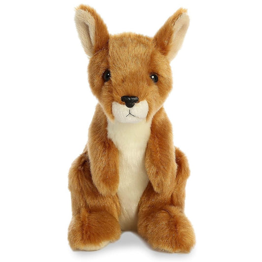 Straight-on front view of the kangaroo stuffed animal highlighting its sweet face, alert ears, and tucked-in front paws.