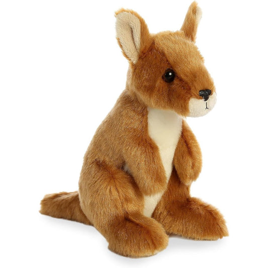 Angled front view of the Aurora Mini Flopsie Kangaroo 8-inch plush sitting upright, featuring soft golden-brown and cream fur.