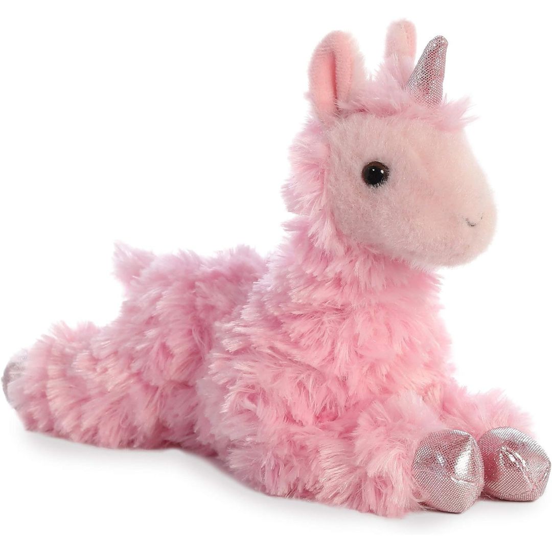 Full side profile of the pink llamacorn stuffed animal highlighting its wooly fleece texture, smooth muzzle, and shiny silver hooves.