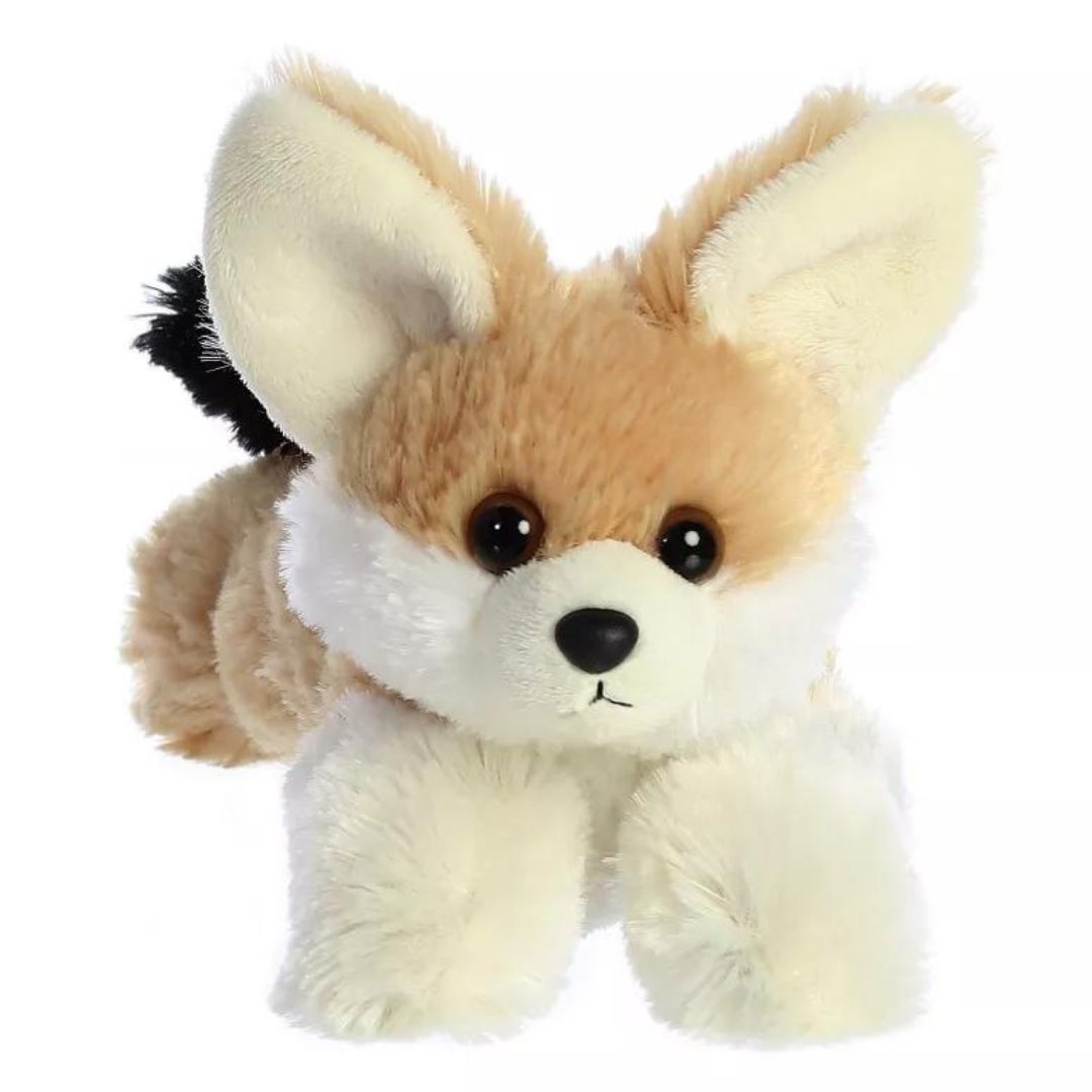 Straight-on front view of the fennec fox stuffed animal highlighting its sweet face, dark eyes, white paws, and oversized ears.