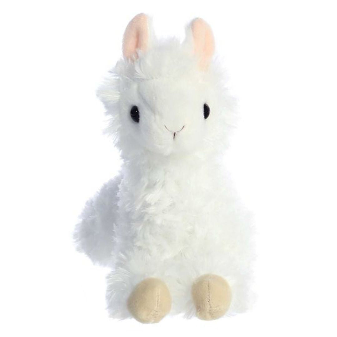 Straight-on front view of the white alpaca stuffed animal highlighting its sweet face, dark eyes, and perky pink-lined ears.