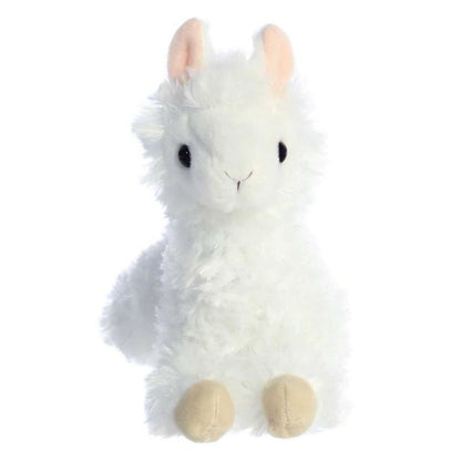 Straight-on front view of the white alpaca stuffed animal highlighting its sweet face, dark eyes, and perky pink-lined ears.