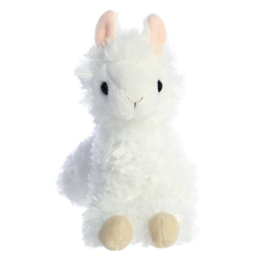 Straight-on front view of the white alpaca stuffed animal highlighting its sweet face, dark eyes, and perky pink-lined ears.