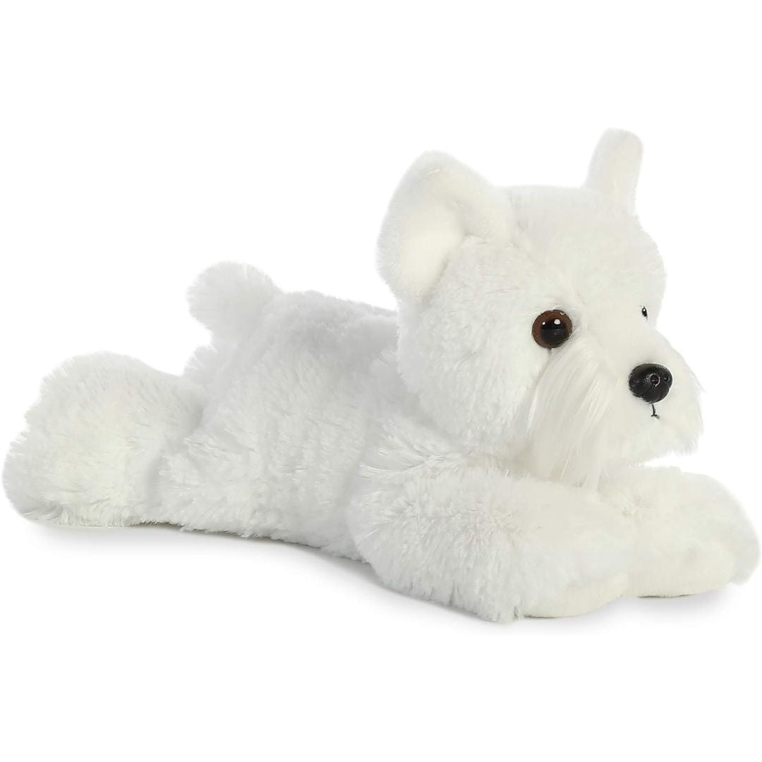 Angled front view of the Aurora Mini Flopsie Windsor Westie 8-inch plush resting on its belly, featuring soft snowy-white fur and perky ears.