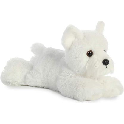 Angled front view of the Aurora Mini Flopsie Windsor Westie 8-inch plush resting on its belly, featuring soft snowy-white fur and perky ears.
