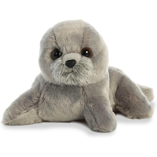 Straight-on front view of the soft grey seal plush showing its sweet face, dark eyes, black nose, and fuzzy muzzle.