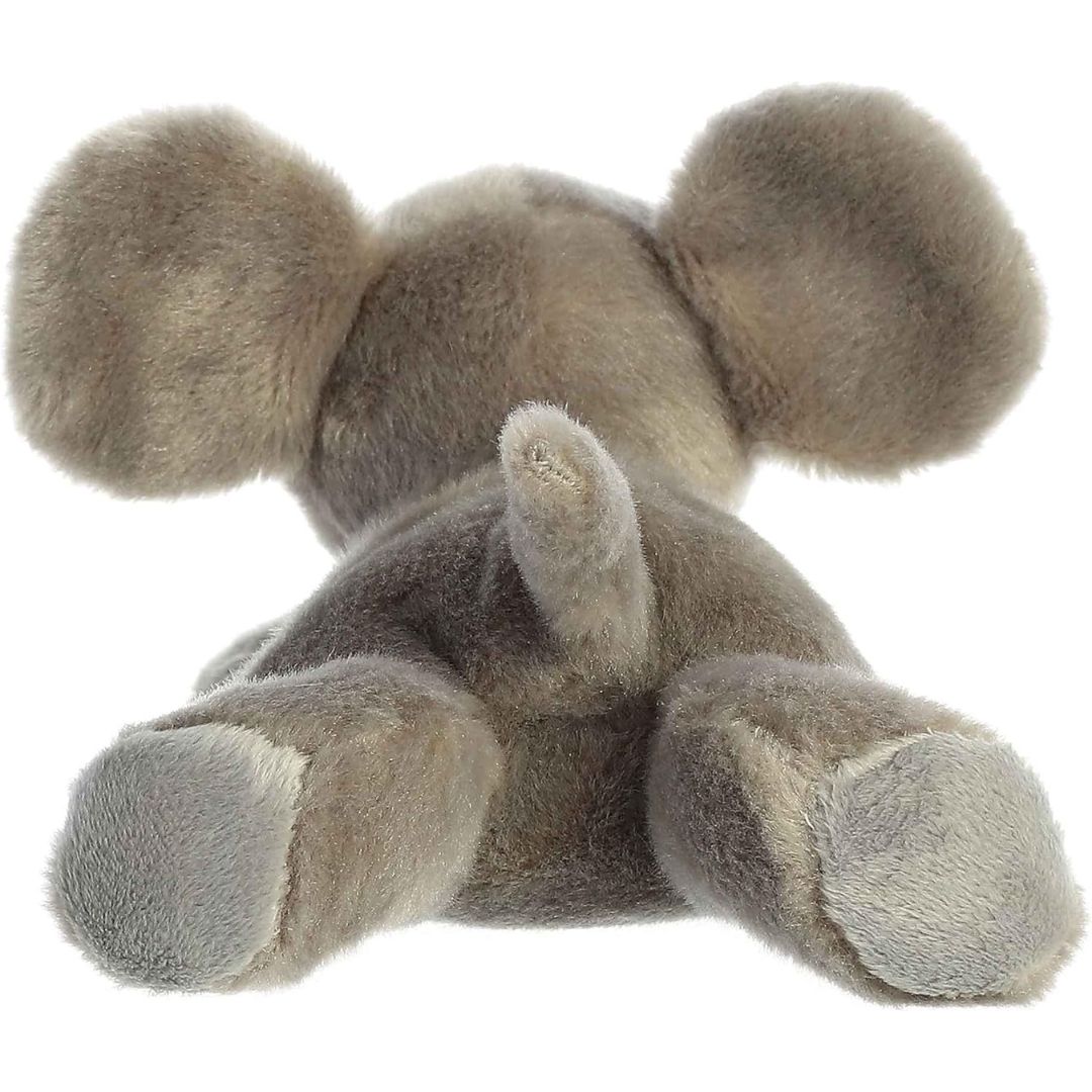 Rear view of the Missy Mouse plush showing its soft grey back, rear paws, and a long outstretched tail.