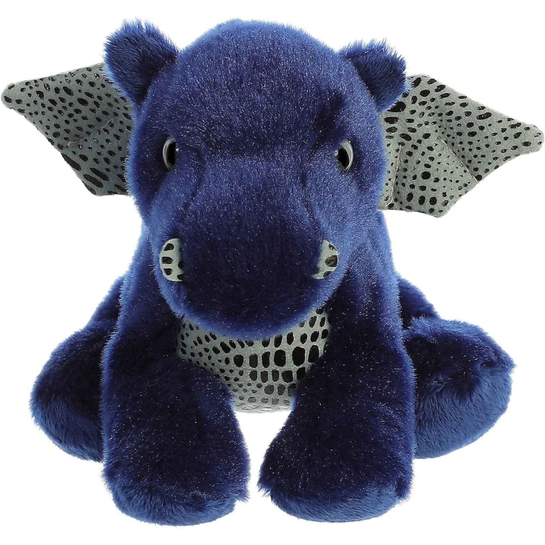 Straight-on front view of the sapphire dragon stuffed animal highlighting its cute snout, small horns, and textured silver chest.