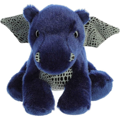Straight-on front view of the sapphire dragon stuffed animal highlighting its cute snout, small horns, and textured silver chest.