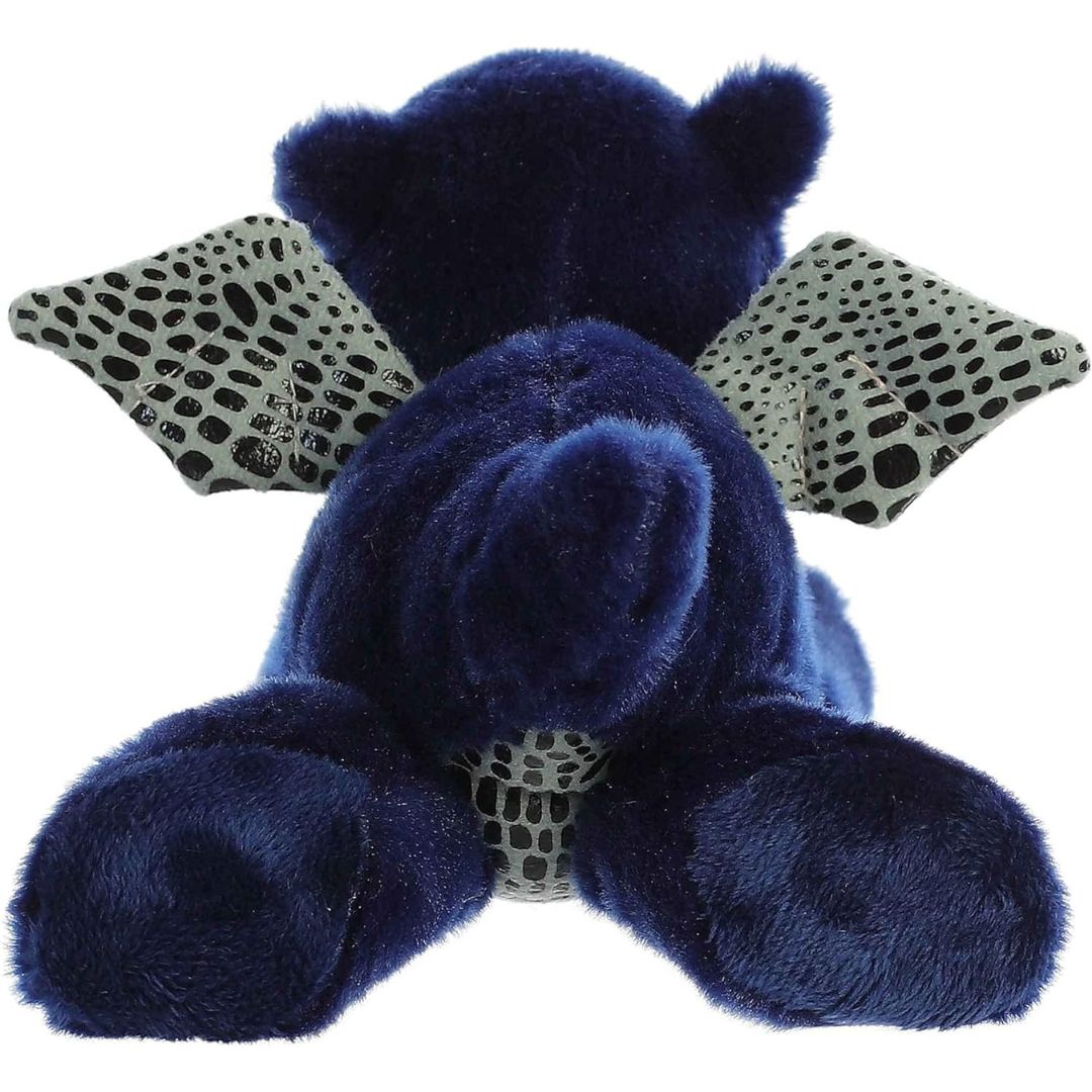Rear view of the Sapphire Dragon plush showing its soft blue back, rear legs, and a spiked mythical tail.