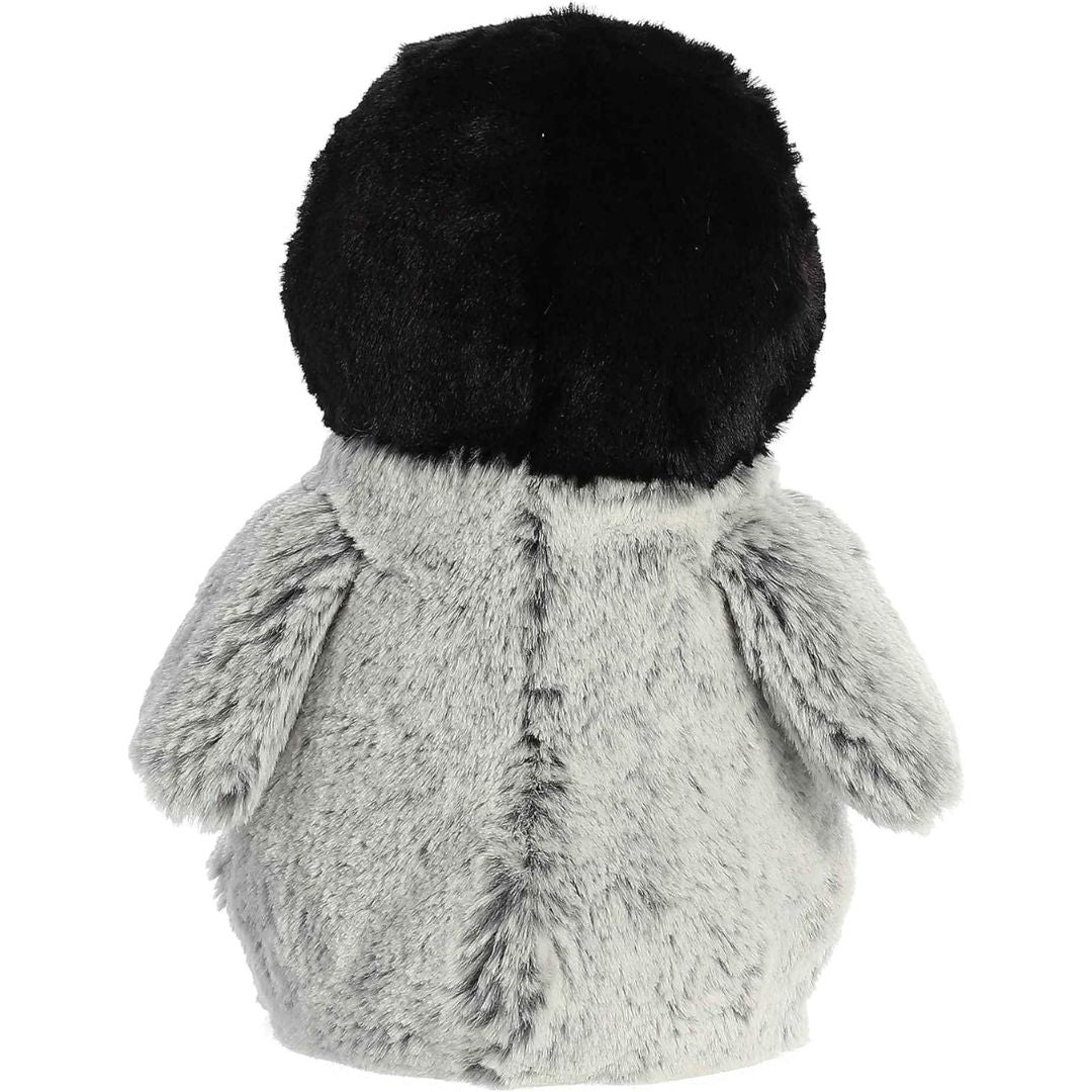 Rear view of the Pippin Penguin plush focusing on its soft grey back and rounded head.