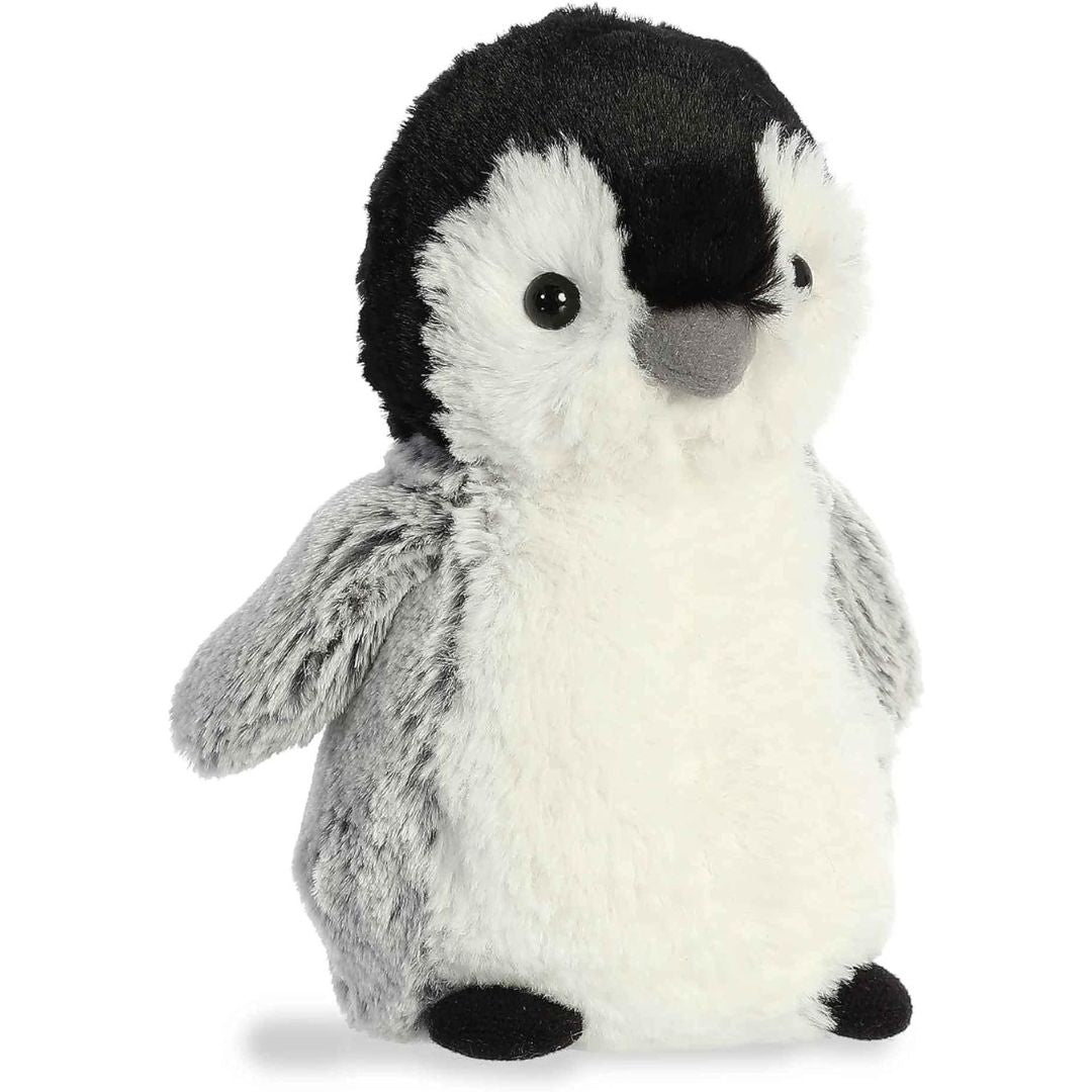 Angled front view of the Aurora Mini Flopsie Pippin Penguin 8-inch plush sitting upright, featuring soft grey and white fur.